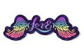 Love text with rainbow wings on background