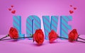 Love text with red roses. 3d rendering Royalty Free Stock Photo