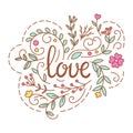 Love text. Romantic lettering with floral decorative elements in tiny line style.