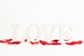 Love text with rose petals in white background Royalty Free Stock Photo