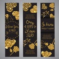 Love text on set of banners Romantic lettering with glitter. Golden text with sparkles. Cards for valentine day. Vector