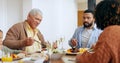 Love, thanksgiving and a family at the dinner table of their home together for eating a celebration meal. Food, holidays