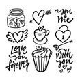 Love theme icons set. Black color hand drawn line art style vector illustration. Royalty Free Stock Photo