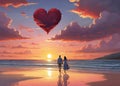 Lovers couple walking on the beach at sunset with heart figure. Royalty Free Stock Photo