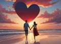 Lovers couple walking on the beach at sunset with heart figure. Royalty Free Stock Photo