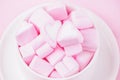 Love theme. Pink marshmallow hearts in a cup. Valentine`s day background. Copy space Royalty Free Stock Photo