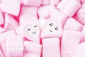 Love theme. Pink marshmallow hearts with funny face. Valentine`s day background Royalty Free Stock Photo