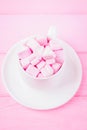 Pink marshmallow hearts in a cup. Valentine`s day background. Copy space Royalty Free Stock Photo