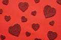 Love themed red background with various glitter hearts