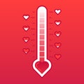 Love thermometer. Hot or frozen heart temperature counter valentines card. Love level meter vector concept illustration