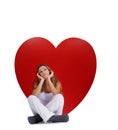 Love, thinking and woman with studio heart, romantic product or emoji icon for Valentines Day holiday. Beauty, big red
