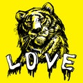 Love tiger, lion face, portrait. Drawn black line art. Exotic, predator face background, print, logo. Trendy tiger yellow head Royalty Free Stock Photo