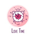 Love time icon with alarm clock and hearts on the dial. Thin line flat design. Vector card