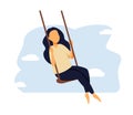 Love and time for yourself. Happy woman, self care, slow life concept. Cute girl with long hair sitting on swing. Young smiling