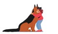 Love to Animals, Childhood, Friendship with Doggy Concept. Kid Girl Hug Huge Shepherd, Child Character Cuddle with Pet