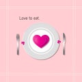 Love to eat design.For food and meal .For cafe and restaurant. Two heart on grey and white plate with silver fork and knife Royalty Free Stock Photo