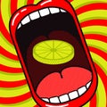 Love to eat lemon! Funny cartoon poster. Large open mouth with slice of lemon or lime.
