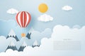 Love to travel banner, poster, invitation card concept. Origami made hot air balloon flying on clouds and sky background and space Royalty Free Stock Photo