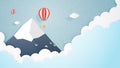 Love to travel concept. Origami made hot air balloon flying over mountain with clouds and sky background and space. Vector Royalty Free Stock Photo