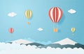 Love to travel concept. Origami made hot air balloon flying over mountain and clouds in the sky background. Vector illustration Royalty Free Stock Photo