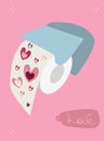 Love toilet paper in holder. Lavatory hygienic goods with pink hearts print. Funny gift for home. Valentines day celebration.