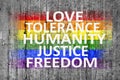 Love, Tolerance, Humanity, Justice, Freedom and LGBT flag painted on concrete background