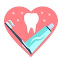 Love of toothpaste, toothbrush and tooth. Flat dental brush teeth symbol