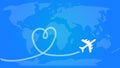 Love Travel Concept. Airplane Leaving Behind a Handmade Love Shaped Smoke Trail Flying in the Blue Sky.