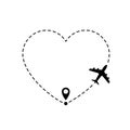 Love travel route. Airplane line path vector icon of air plane flight route with line trace Royalty Free Stock Photo