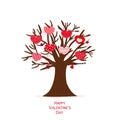 Love tree with cute retro red and pink hearts. Happy Valentine`s day greeting card Royalty Free Stock Photo