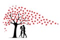 Tree illustration with red hearts like blowing leaves on wind and couple silhouettes in love isolated on white background Royalty Free Stock Photo