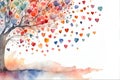 Love tree with heart leaves on white background, watercolor illustration. Royalty Free Stock Photo