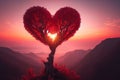 Love tree. Landscape with trees in shape red heart at sunset. Valentine's Day Royalty Free Stock Photo