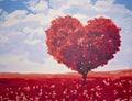 Love tree painted canvas, heart shape over blue sky with clouds