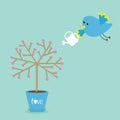 Love tree in the pot. Heart flower. Bird with watering can. Word love Blue background. Flat design Royalty Free Stock Photo