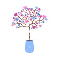 Love tree in pot isolated. Valentines home tree with cute hearts on twigs. Pink and blue colors. Vector flat object illustration Royalty Free Stock Photo