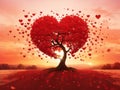 Love tree red heart shaped tree at sunset background Royalty Free Stock Photo