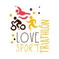 Love triathlon sport logo. Colorful hand drawn illustration