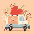 Love truck vehicle with a heart and love message. Colorful hand drawn illustration with hand lettering for Happy ValentineÃ¢â¬â¢s day