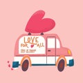 Love truck vehicle with a heart and love message. Colorful hand drawn illustration with hand lettering for Happy ValentineÃ¢â¬â¢s day