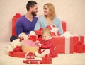 Love and trust in family. Bearded man and woman with little girl. Shopping online. father, mother and doughter child Royalty Free Stock Photo