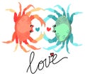 Love. Two crabs, red and blue. Love concept with hearts and lettering.