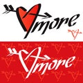 Amore typography. Amore calligraphy. Love typography. Love calligraphy. Amore. Heart pierced by an arrow.