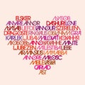 Love typography. Word cloud in heart shape. Love in multiple different languages. Royalty Free Stock Photo