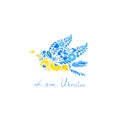 Love Ukraine, flying bird colored of the national flag. Card design with bird and ethnic flowers Ukrainian art. Folk art print des