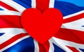 LOVE United Kingdom with UK flag. 3d United Kingdom waving flag. LOVE Sign of UK seamless animation, 3d rendering. United Kingdom Royalty Free Stock Photo