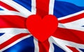 LOVE United Kingdom with UK flag. 3d United Kingdom waving flag. LOVE Sign of UK seamless animation, 3d rendering. United Kingdom Royalty Free Stock Photo