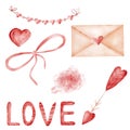 Love valentine clipart set. Watercolor illustrations for cards,invitations, gift certificate, scrapbooking.