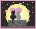 Love, Valentine day or all hearts day picture. Cats on roof with big moon, hearts and stars. Royalty Free Stock Photo