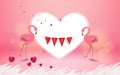 Love and Valentine Day card. Romantic pink flamingo birds holding love flag on pink background. Greeting card with love birds and